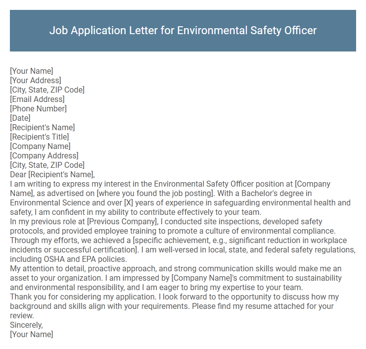 Job Application Letter for Environmental Safety Officer