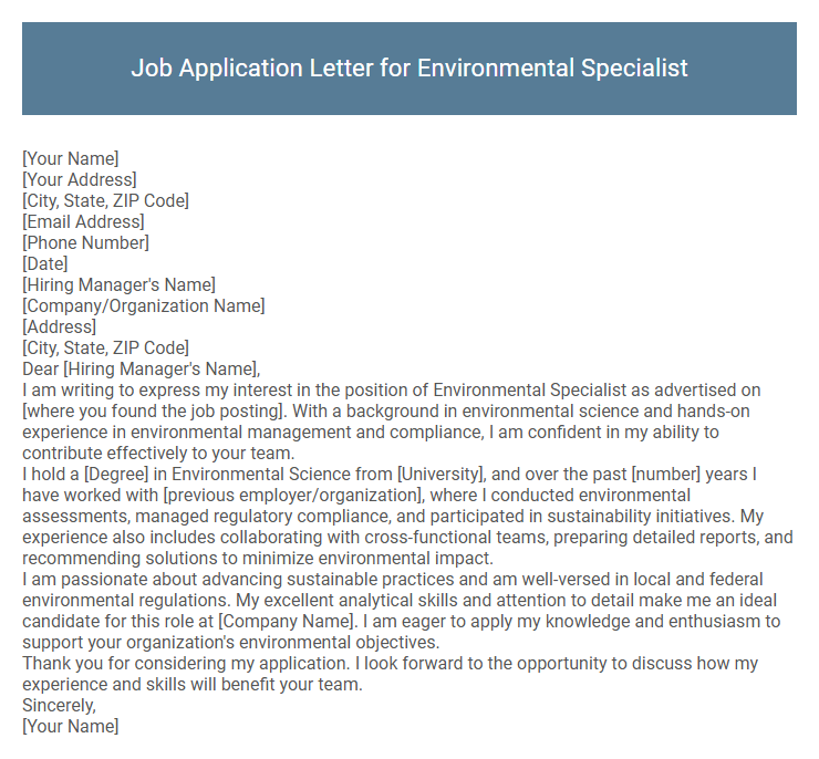 Job Application Letter for Environmental Specialist