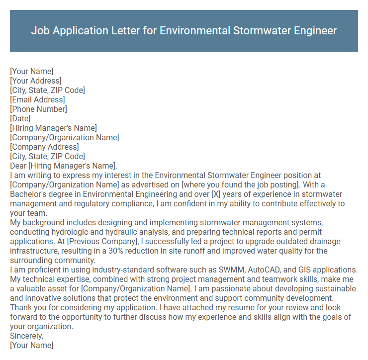 Job Application Letter for Environmental Stormwater Engineer