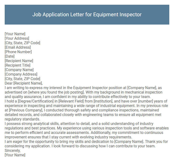 Job Application Letter for Equipment Inspector