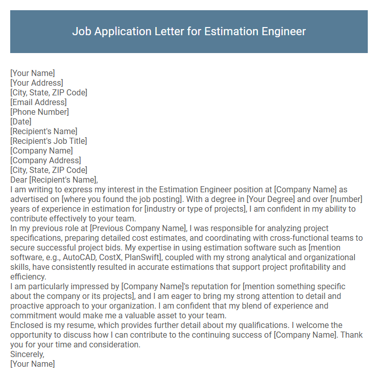 Job Application Letter for Estimation Engineer
