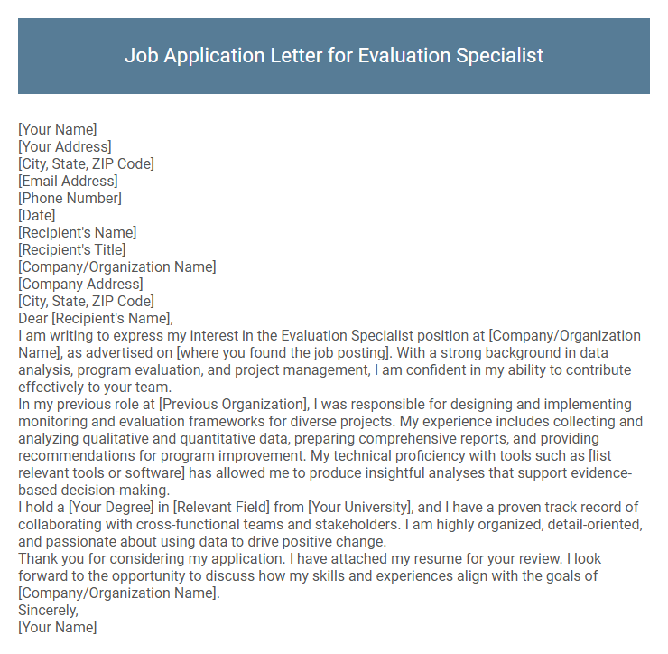 Job Application Letter for Evaluation Specialist