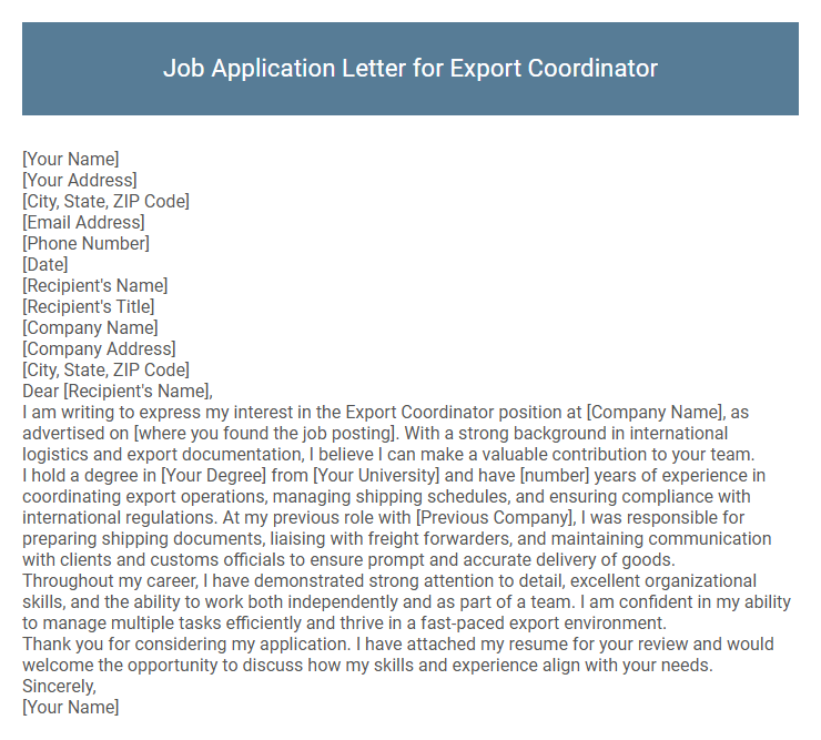 Job Application Letter for Export Coordinator