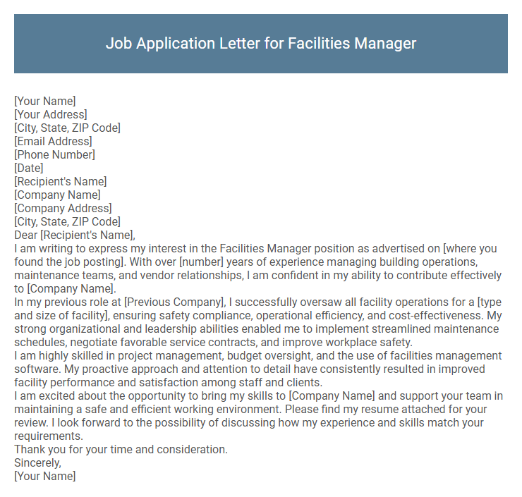 Job Application Letter for Facilities Manager