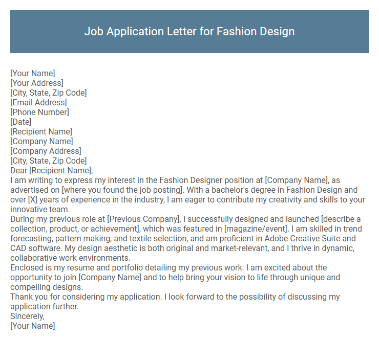 Job Application Letter for Fashion Design