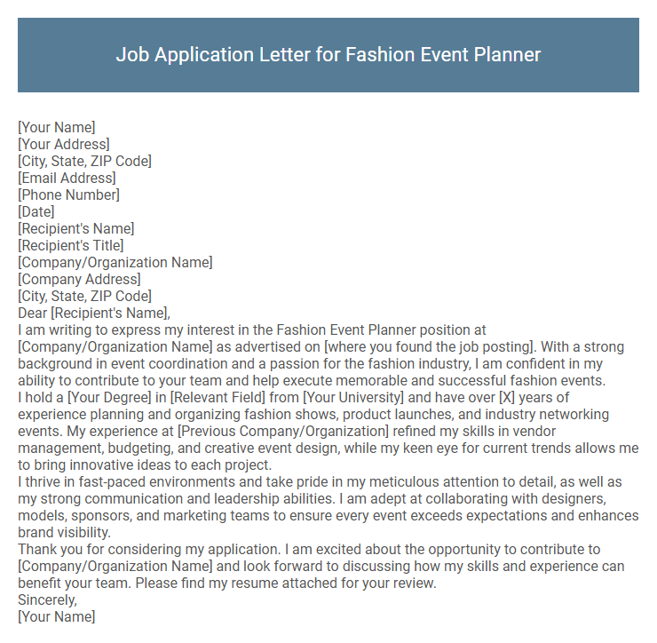 Job Application Letter for Fashion Event Planner