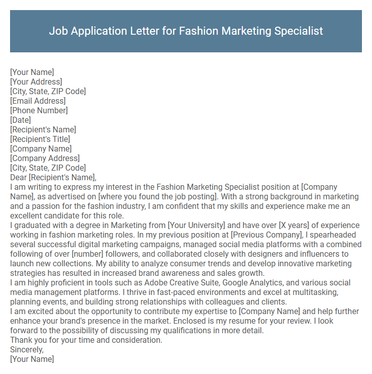 Job Application Letter for Fashion Marketing Specialist