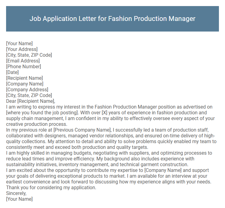 Job Application Letter for Fashion Production Manager