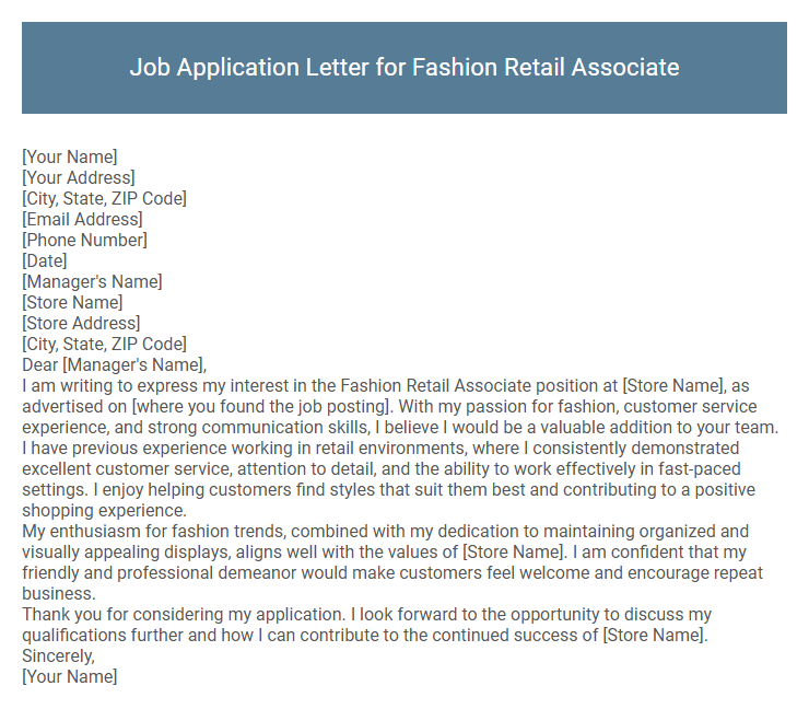 Job Application Letter for Fashion Retail Associate