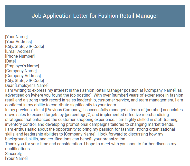 Job Application Letter for Fashion Retail Manager
