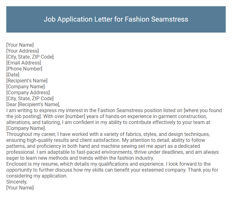 Job Application Letter for Fashion Seamstress