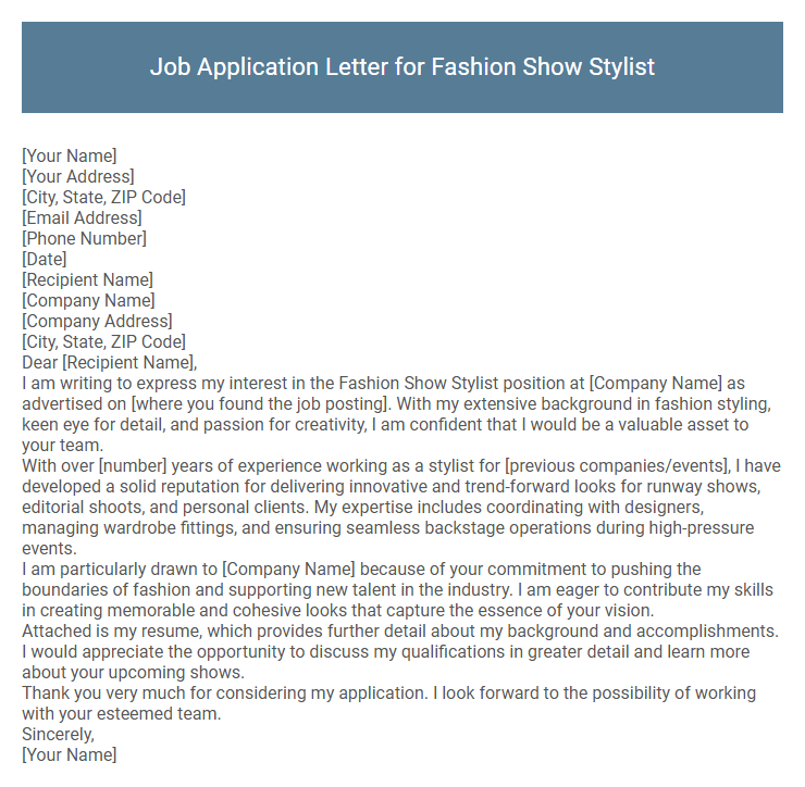 Job Application Letter for Fashion Show Stylist
