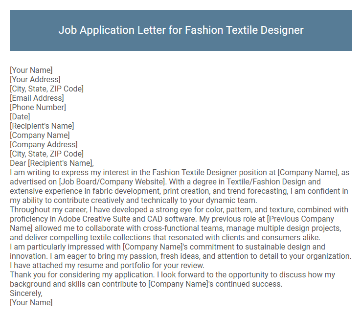 Job Application Letter for Fashion Textile Designer