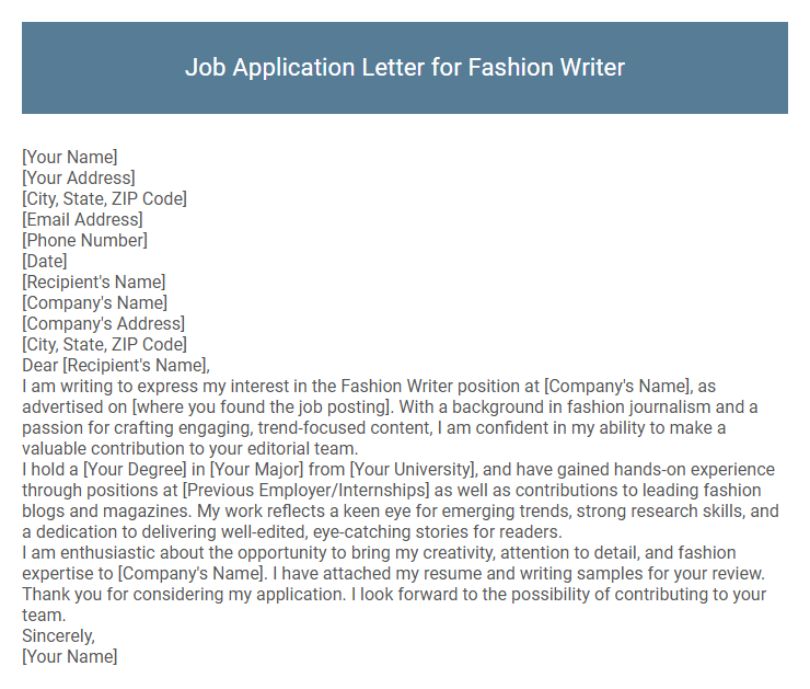 Job Application Letter for Fashion Writer