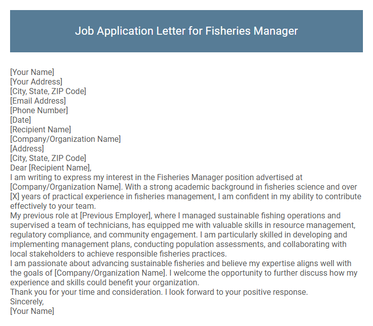 Job Application Letter for Fisheries Manager