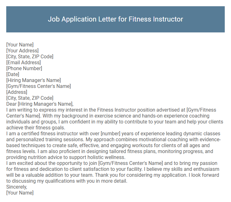 Job Application Letter for Fitness Instructor