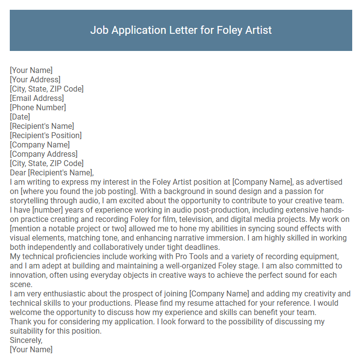 Job Application Letter for Foley Artist