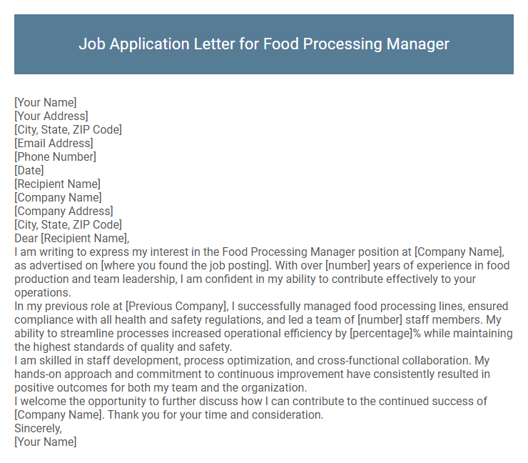 Job Application Letter for Food Processing Manager
