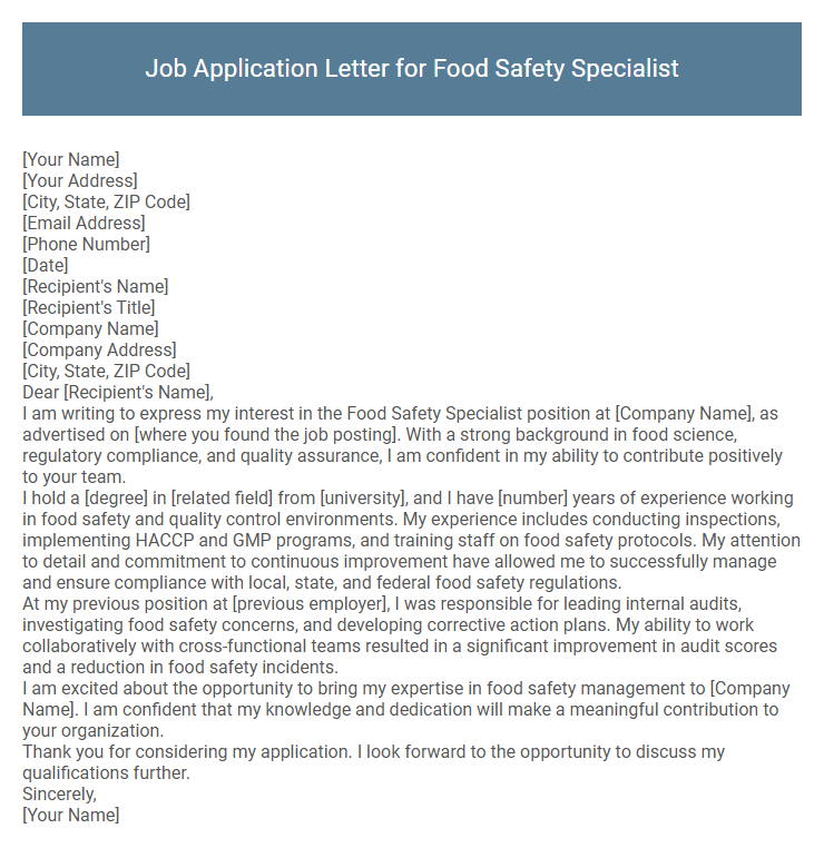 Job Application Letter for Food Safety Specialist