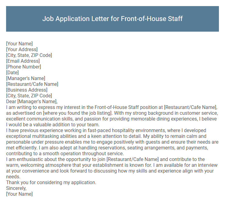 Job Application Letter for Front-of-House Staff