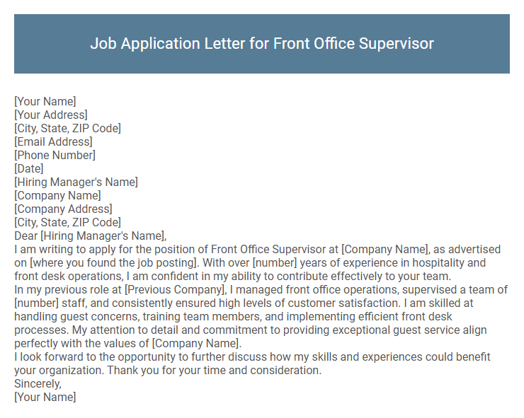 Job Application Letter for Front Office Supervisor