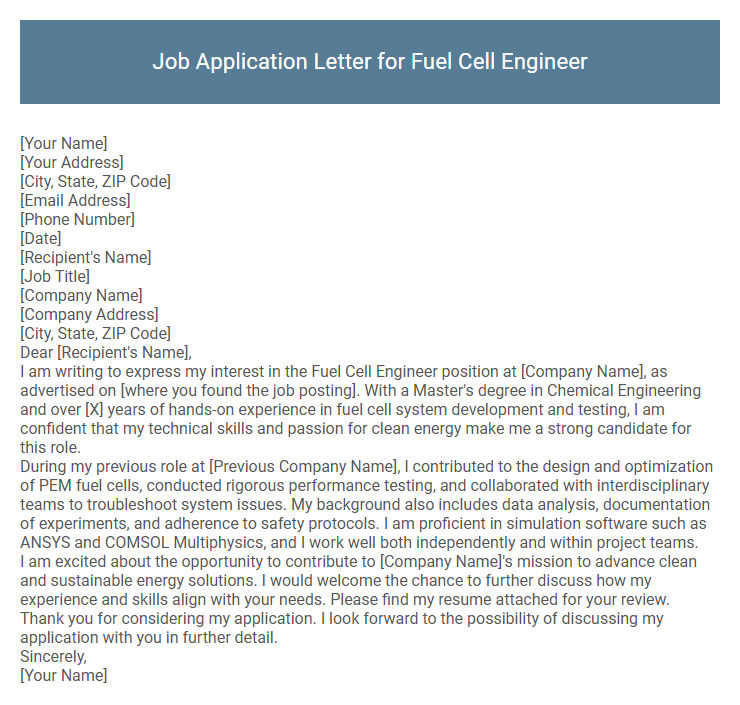 Job Application Letter for Fuel Cell Engineer
