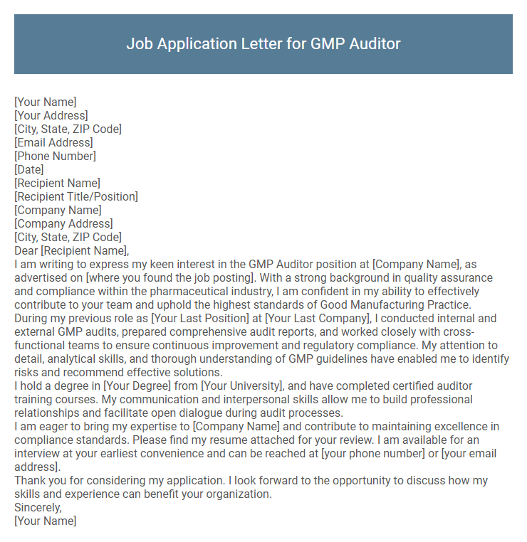 Job Application Letter for GMP Auditor