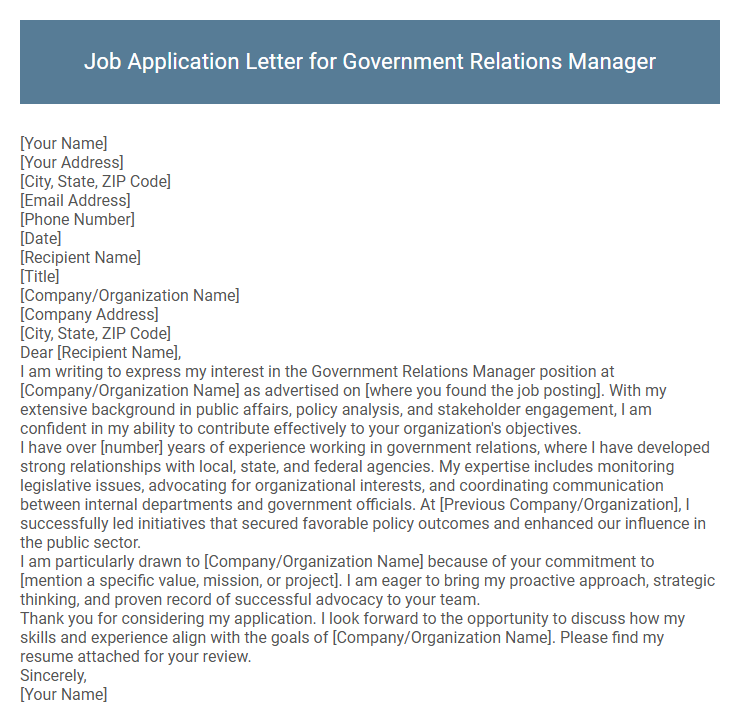 Job Application Letter for Government Relations Manager