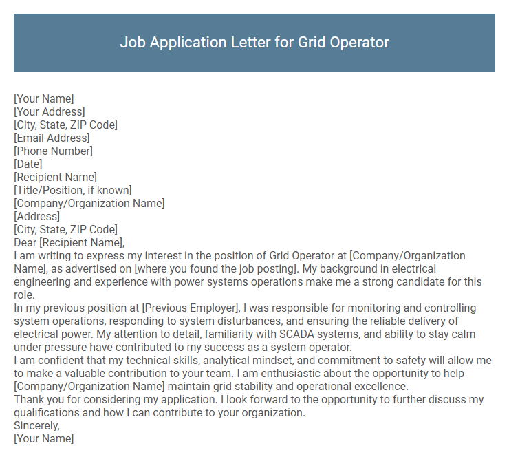 Job Application Letter for Grid Operator