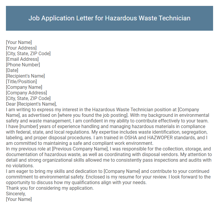 Job Application Letter for Hazardous Waste Technician