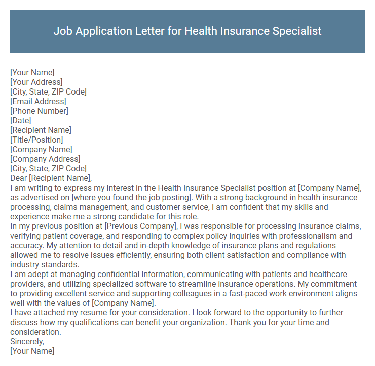 Job Application Letter for Health Insurance Specialist