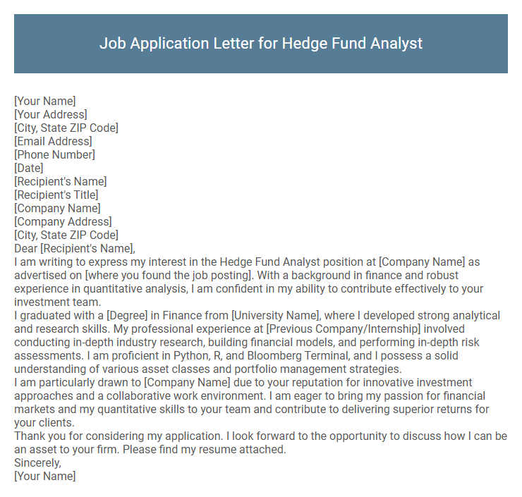Job Application Letter for Hedge Fund Analyst
