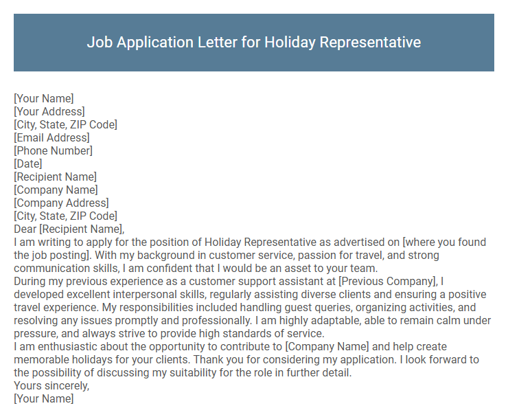 Job Application Letter for Holiday Representative