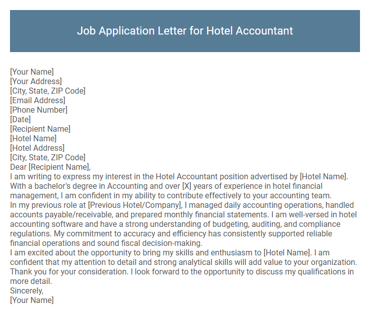 Job Application Letter for Hotel Accountant