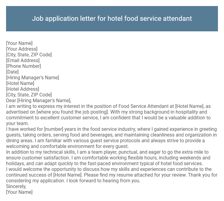 Job application letter for hotel food service attendant