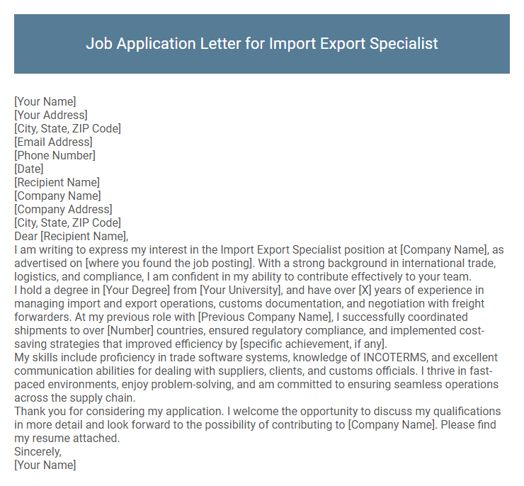 Job Application Letter for Import Export Specialist