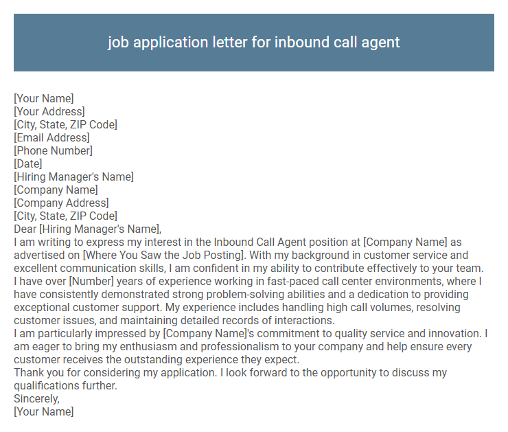 job application letter for inbound call agent