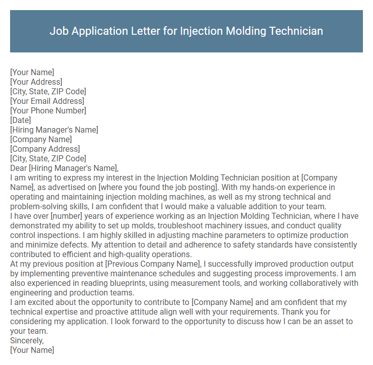 Job Application Letter for Injection Molding Technician