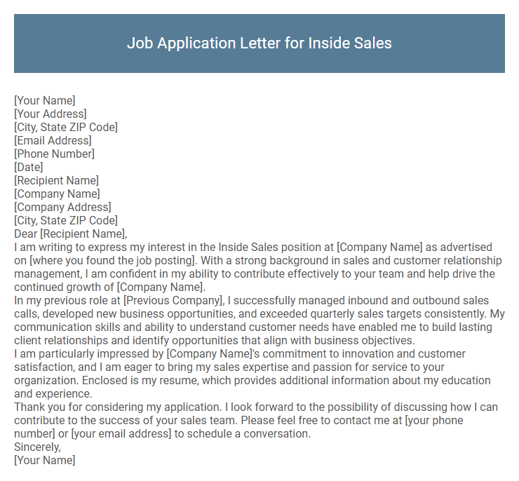 Job Application Letter for Inside Sales