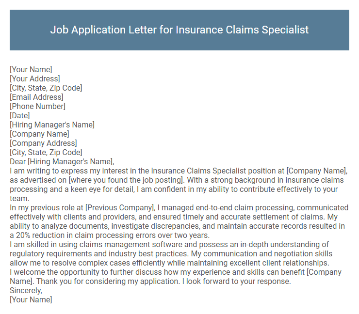 Job Application Letter for Insurance Claims Specialist