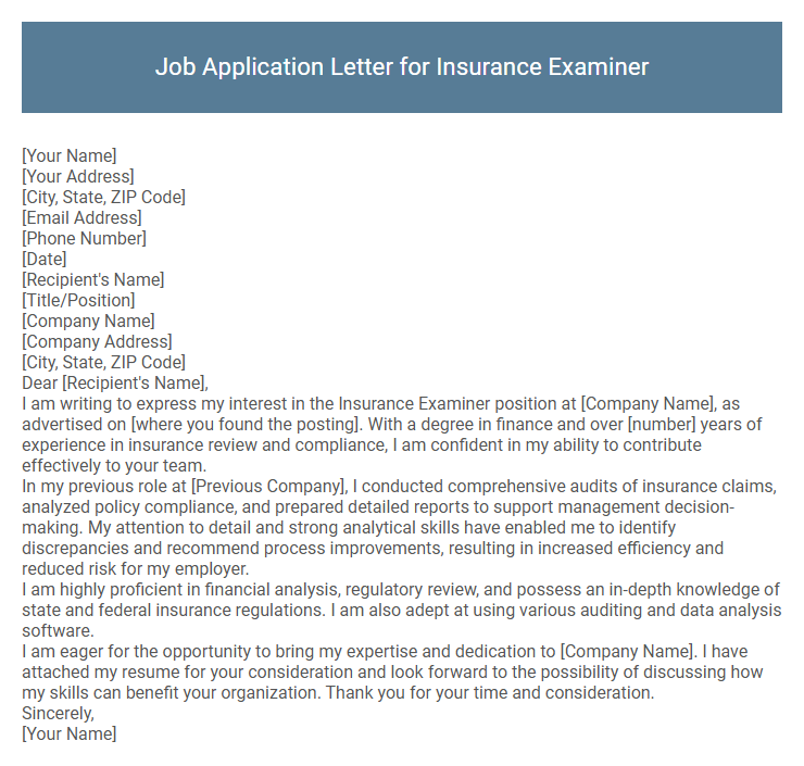 Job Application Letter for Insurance Examiner