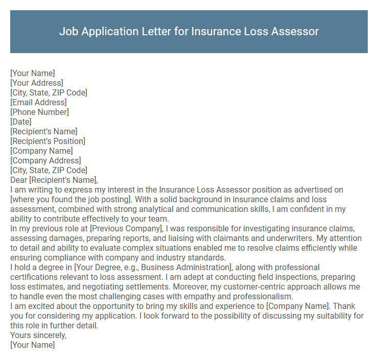 Job Application Letter for Insurance Loss Assessor