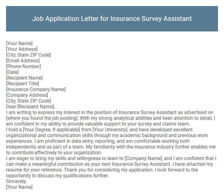 Job Application Letter for Insurance Survey Assistant