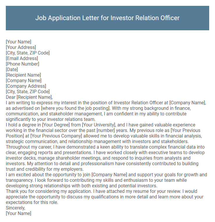 Job Application Letter for Investor Relation Officer
