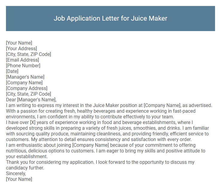 Job Application Letter for Juice Maker