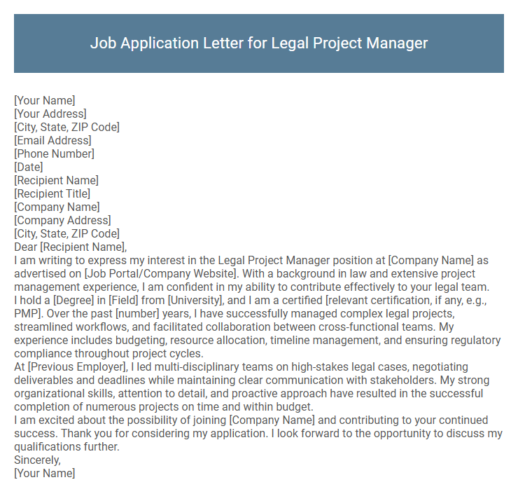 Job Application Letter for Legal Project Manager