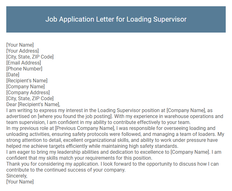 Job Application Letter for Loading Supervisor