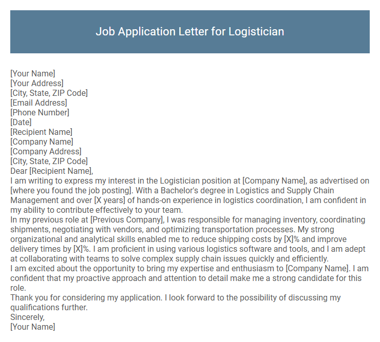 Job Application Letter for Logistician