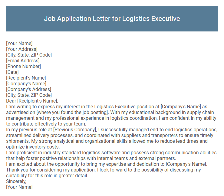 Job Application Letter for Logistics Executive