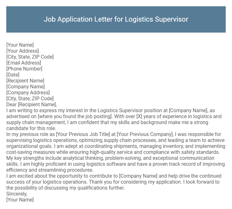 Job Application Letter for Logistics Supervisor